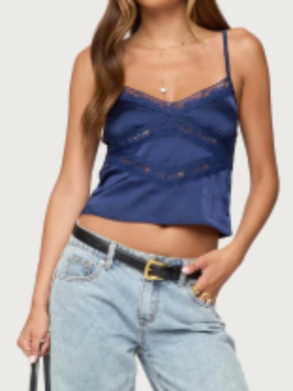 Edikted Tamar Satin Effect Tank Top Navy Size Small